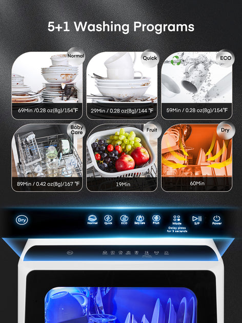 FOHERE Portable Countertop Dishwasher with 5L Built-in Water Tank, 6 Programs, 360°Dual Spray, High-Temp, Air-Dry and Timeing Function