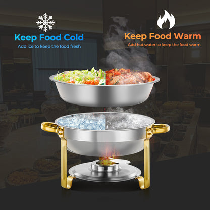 Chafing Dishes for Buffet 4 Pack, 6QT Round Stainless Steel Elegant Gold Stand, 4 Food Pan/Lid, Chafing Dish Buffet Set,  Food Warmers for Parties, Events, Wedding, Camping, Dinner