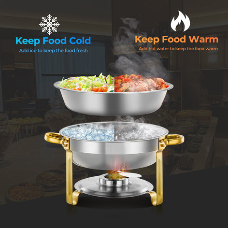 Chafing Dishes for Buffet 4 Pack, 6QT Round Stainless Steel Elegant Gold Stand, 4 Food Pan/Lid, Chafing Dish Buffet Set,  Food Warmers for Parties, Events, Wedding, Camping, Dinner