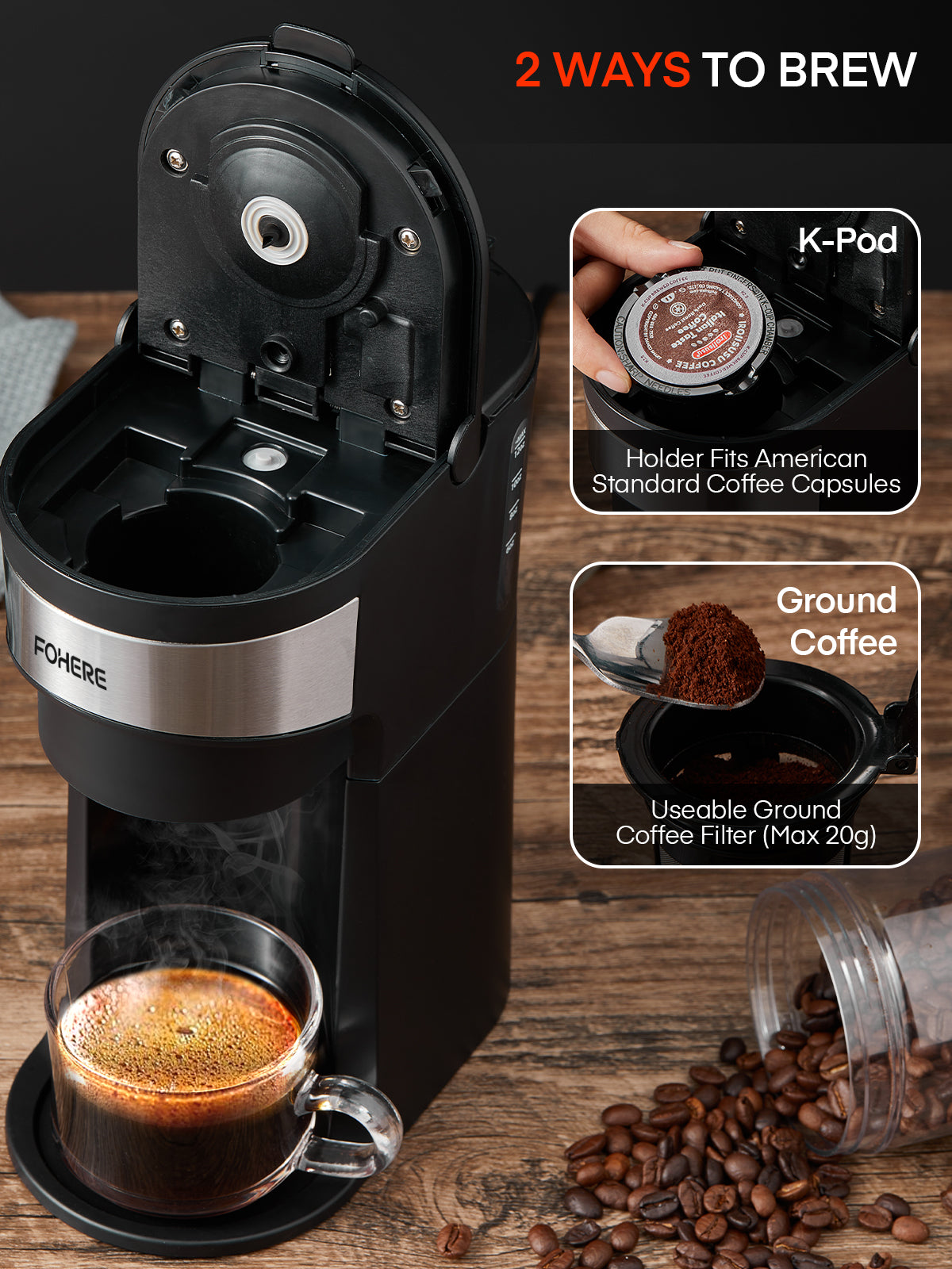 FOHERE Kaffeemaschine, Einzelportion, Eiskaffee und heißer Kaffeezubereiter für K-Pods & gemahlenen Kaffee