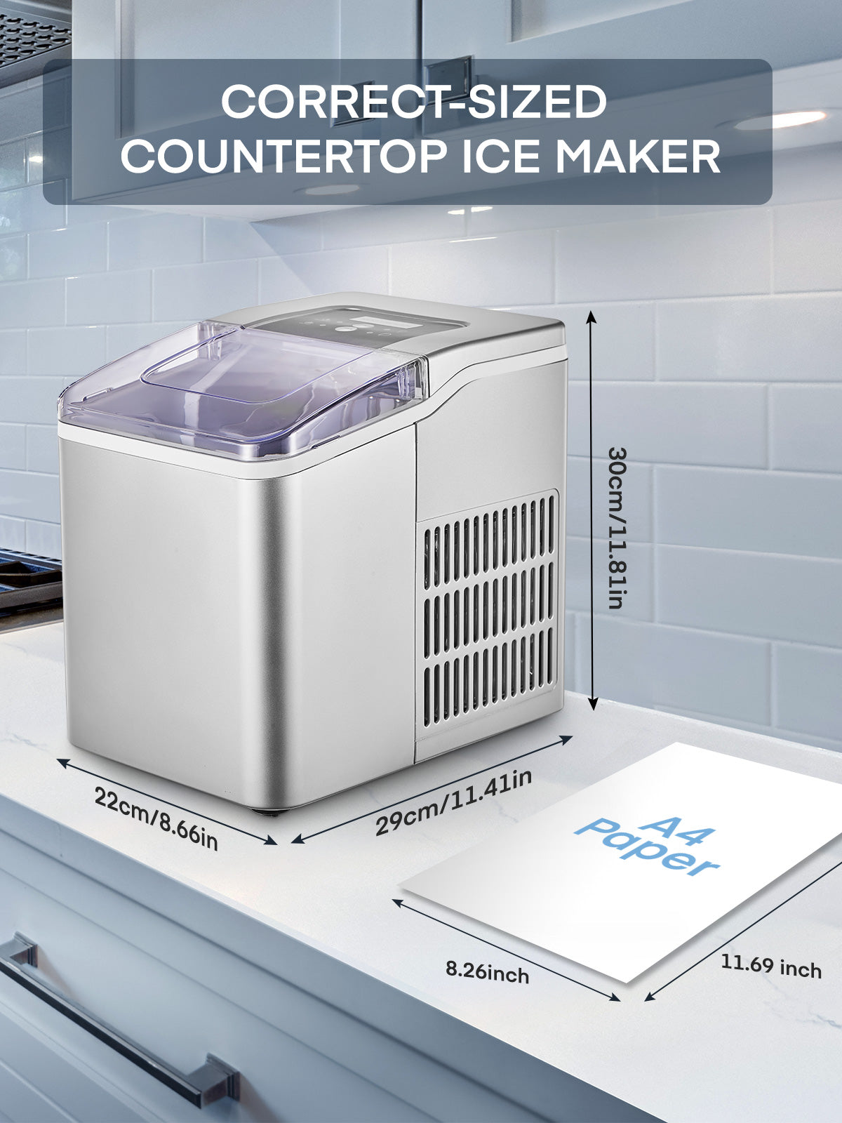 Ice Makers Machine Countertop, 9 Cubes Ready in 6 Mins, 28lbs in 24Hrs, LED Display with Ice Scoop and Basket, Portable Ice Cube Maker for Party, Office, Bar, RV, FOHERE (11.41 X 8.66X 11.81,）