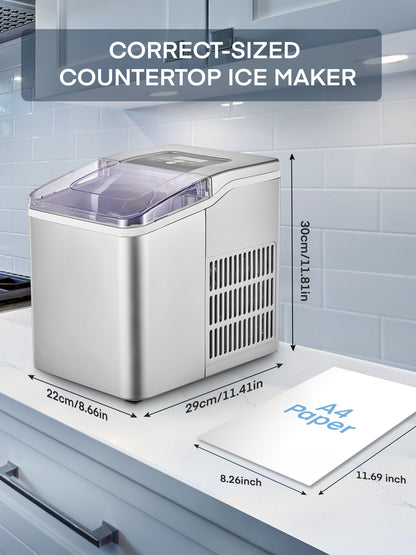 Eismaschine für die Arbeitsplatte, 9 Eiswürfel in 6 Min., 12,7 kg in 24 Std., LED-Anzeige mit Eisschaufel und Korb, tragbarer Eiswürfelbereiter für Party, Büro, Bar, Wohnmobil, FOHERE (29 x 22 x 30 cm)