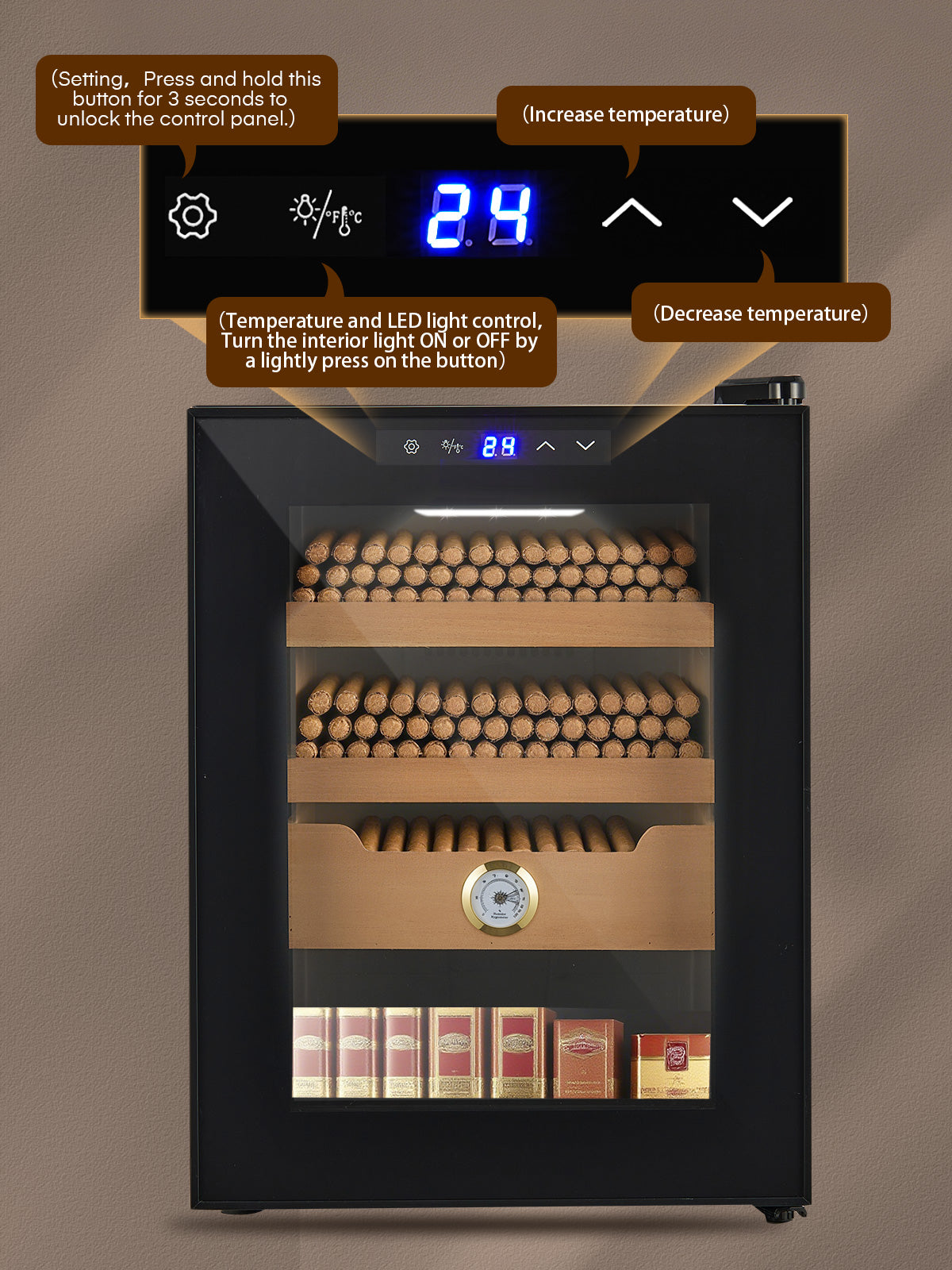 Elektrischer Zigarrenhumidifier für 280 Zigarren, 33L Zigarrenschrank mit Temperaturkontrolle, Spanische Zedernholzregale, Digitales Hygrometer, Geschenk für Männer
