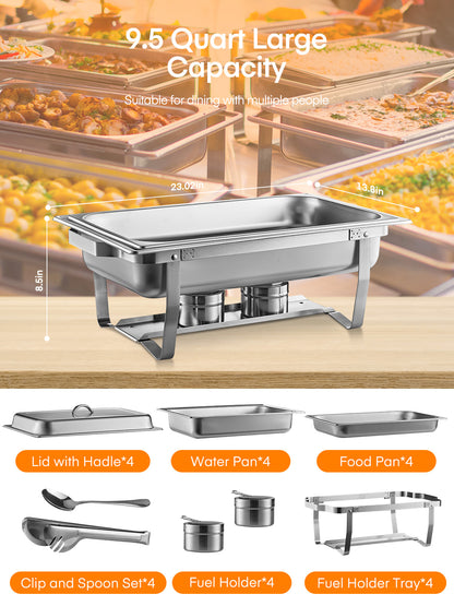 4er-Pack 9,1 Liter Chafing Dish Buffet-Set aus Edelstahl mit 4 Löffeln und Klammern, 4 klappbaren Rahmen-Tablettständern, ideal für Partys, Hochzeiten, Catering