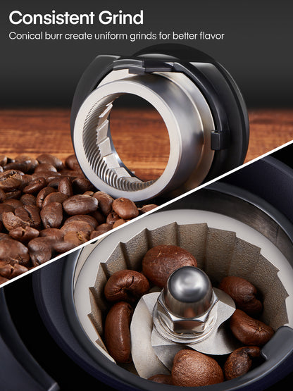 Antistatischer konischer Kaffeemühle FOHERE Verstellbare Gratschleifmaschine mit 35 präzisen Mahlgradeinstellungen, 2-12 Tassen-Timer, für Espresso, Filterkaffee, French Press, Schwarz