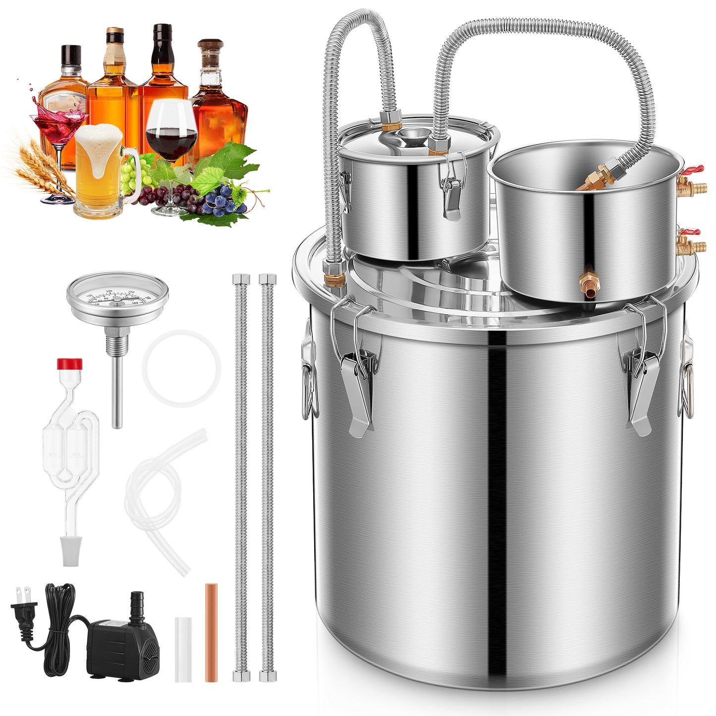 Beer Fermenter 13.2 Gallon/50 Liter, 3 Stainless Steel Pots Brewing Kit w/ Thermometer, Water Pump, for DIY Water, Brandy, Essential Oil
