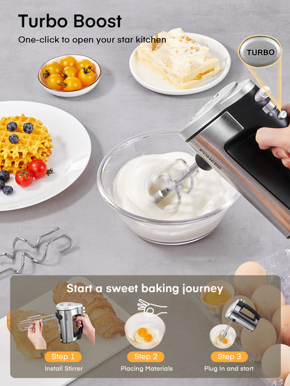 Handrührgerät elektrisch 6 Geschwindigkeiten 300 W Turbo Küchen-Handmixer Selbstkontrollierende Geschwindigkeit Edelstahl für einfaches Schlagen von Teig, Sahne, Kuchen