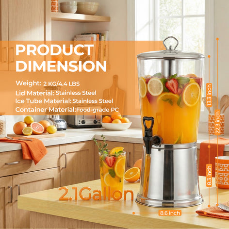 2 Gallon Beverage Dispenser with Stand, Stainless Steel Drink Dispenser for Parties, Clear Acrylic Water Juice Jug with Ice Core & Spigot for Buffet, Weddings, Outdoor Events