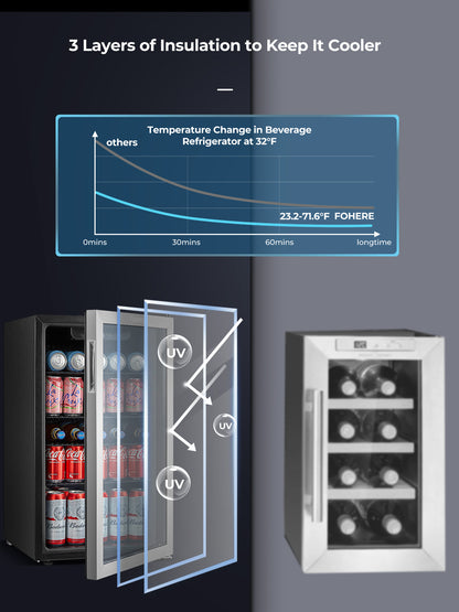 FOHERE Getränkekühlschrank, 120 Dosen Minikühlschrank mit Glastür für Soda, Bier oder Wein, Getränkespender mit verstellbaren, herausnehmbaren Regalböden, freistehender Getränkekühlschrank für Büro, Bar, Zuhause
