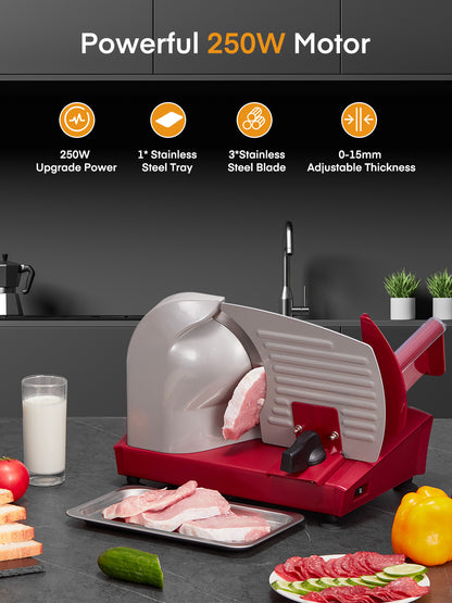 FOHERE Fleischschneidemaschine, 250W Aufschnittmaschine mit drei 7,5-Zoll-Edelstahlklingen und Auffangschale, Rot