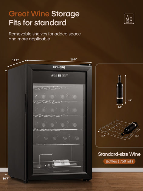 28 Bottles Wine Fridge, 2.4 Cu.ft Wine Cooler Refrigerator with 41-64℉ Digital Temper Control, Black