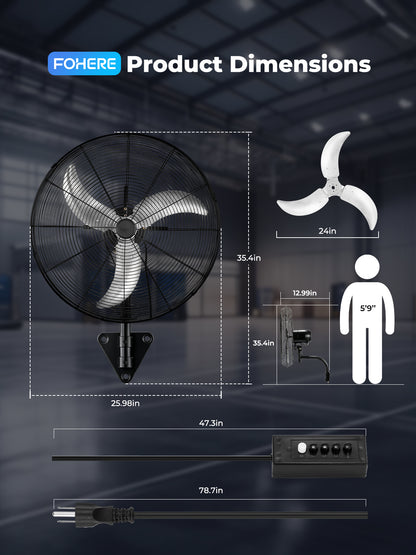 24 Inch Wall Mount Fan with Oscillation, 3-speed, IPX4 Waterproof, High-speed Industrial Wall Fan, Suitable for Garages, Homes, Warehouses Use. FOHERE