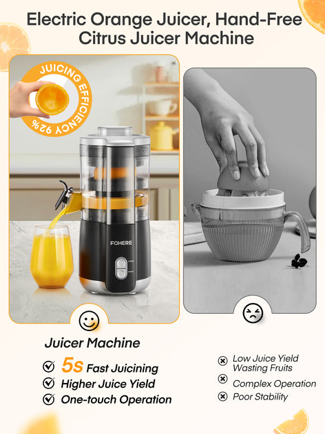 FOHERE Citrus Juicer Electric, Hand-Free Orange Juicer Machine with 2 Interchangeable Cones, Automatic Juice Squeezer for Orange, Lemon, Grape, Pomegranate, Cleaning Brush Included