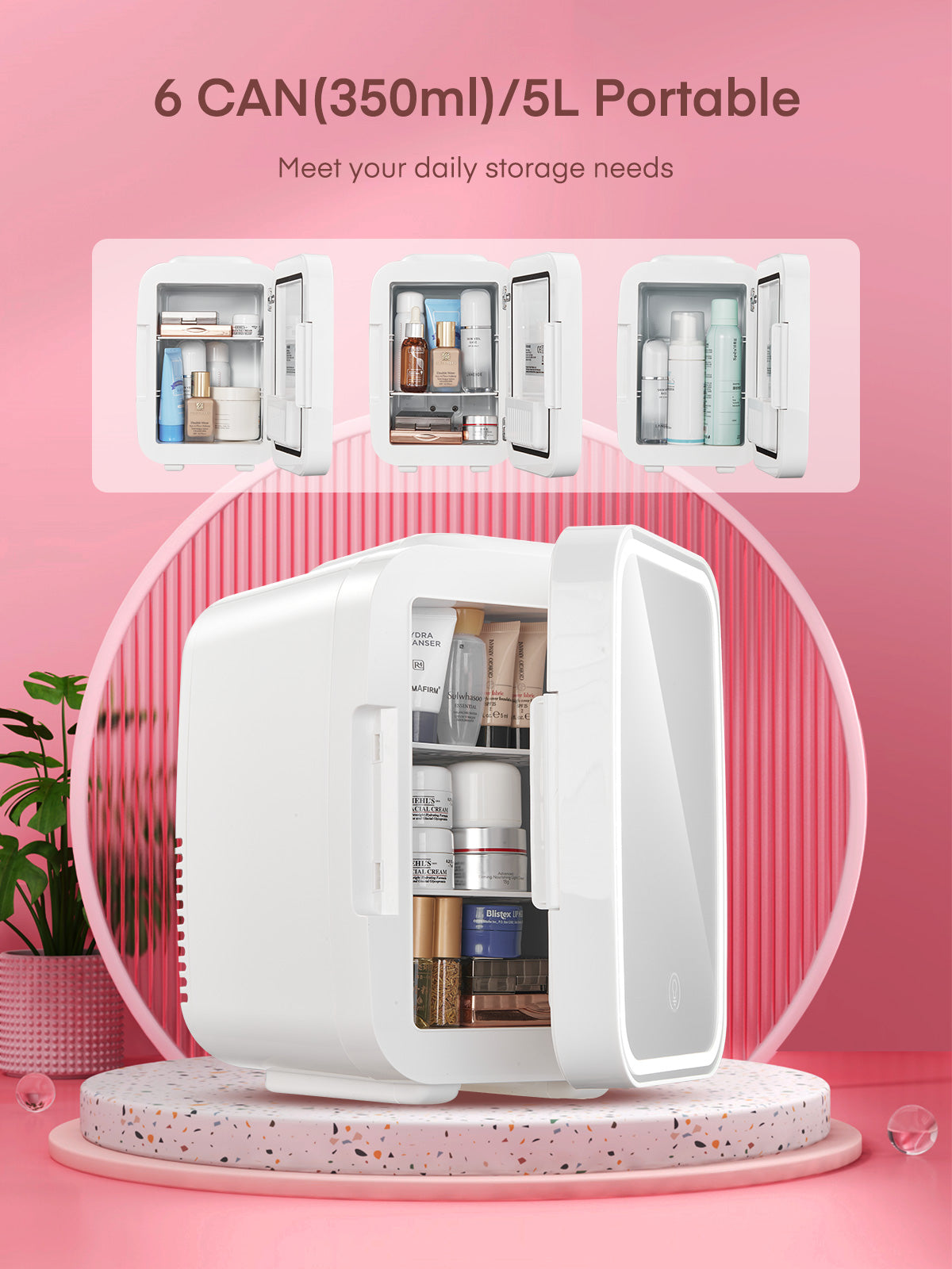 Mini-Hautpflege-Kühlschrank mit dimmbarem LED-Lichtspiegel, tragbarer kleiner 5L/6-Dosen-Kühlschrank für Schlafzimmer, Wohnheim, Büro, Kühl- und Wärmebox, Kompaktkühlschrank