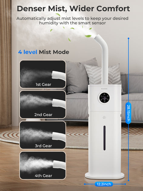 Humidifier for Large Room Home, 12L/3.17Gal Top Fill Cool Mist Ultrasonic Floor Quiet Humidifiers for Baby and Plants with Customized Humidity, Timer, Sleep Mode, Auto Shut Off, Quiet, White