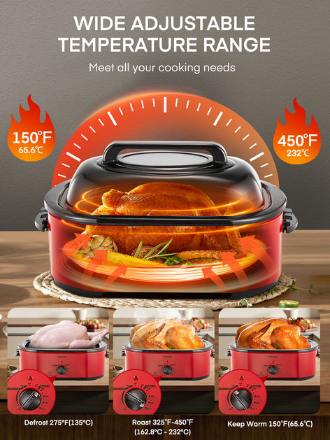 FOHERE Quart Electric Roaster Oven with Visible & Self-Basting Lid, Large Turkey Roaster with Defrost Warm Function, Adjustable Temperature, Removable Pan Rack, Stainless Steel, Red