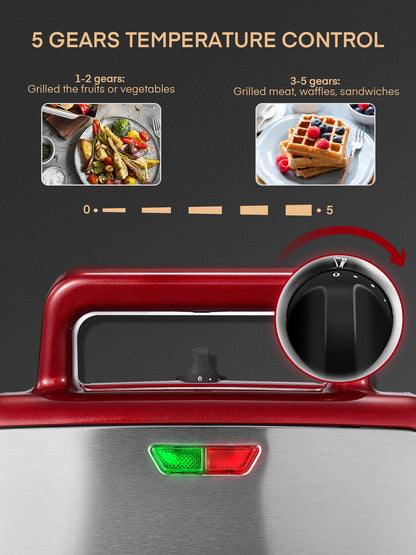 FOHERE Waffeleisen 3 in 1 Sandwichmaker 1200W Panini-Presse mit abnehmbaren Platten und 5-Stufen-Temperaturregelung, antihaftbeschichtet, leicht zu reinigen, Kontrollleuchten, Rot
