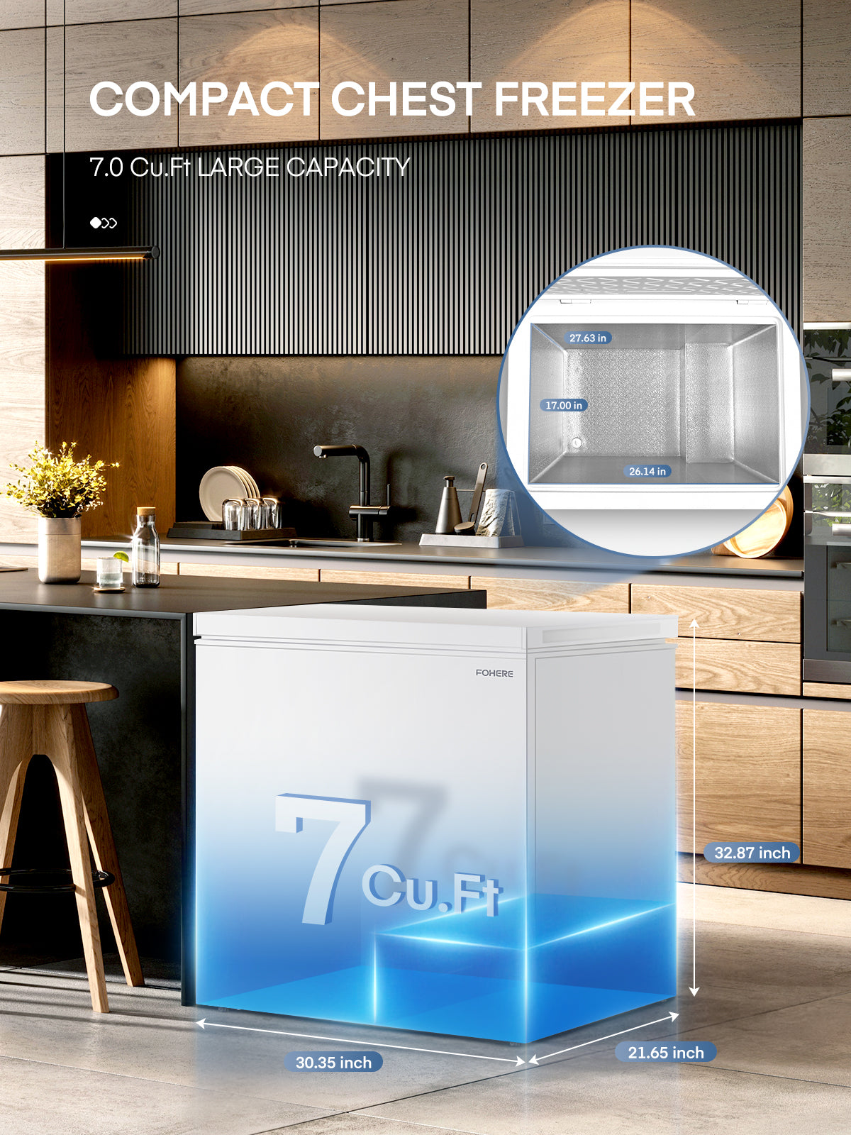 FOHERE 7.0 Cu.Ft Gefriertruhe, kompakte Tiefkühltruhe mit drei herausnehmbaren Körben, freistehende obere Öffnungstür, einstellbare Temperatur, für Küche, Garage, Büro, Bar, Weiß