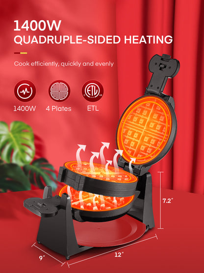 Waffeleisen, belgisches Waffeleisen, 180° drehbar, doppelt, 8 Scheiben, rotierende & antihaftbeschichtete Platten, abnehmbare Tropfschale, Cool-Touch-Griff, Rot, 1400W
