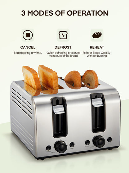 4-Schlitz-Toaster, 1500W Extra breiter Schlitz Toaster, für Bagel, Brot, Waffeln, mit 6 Bräunungsstufen, zwei unabhängige Bedienfelder, Aufwärm-/Auftau-/Stoppfunktionen, Edelstahl Silber