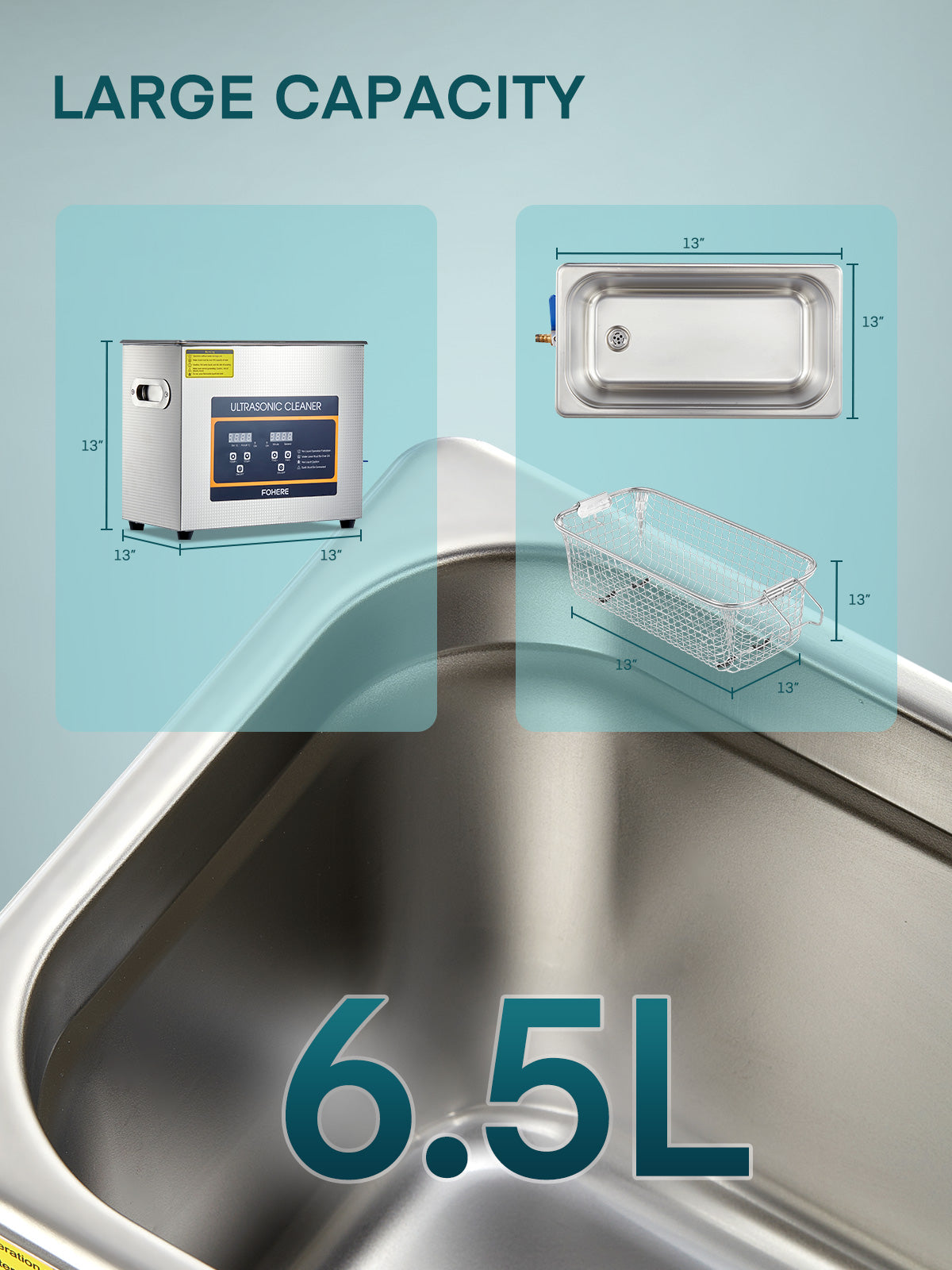 FOHERE Ultraschallreinigungsgerät 6,5L mit Heizung und Timer, 180W Edelstahl Ultraschallreiniger für Teile, Brillen, Uhren, Zahnspangen