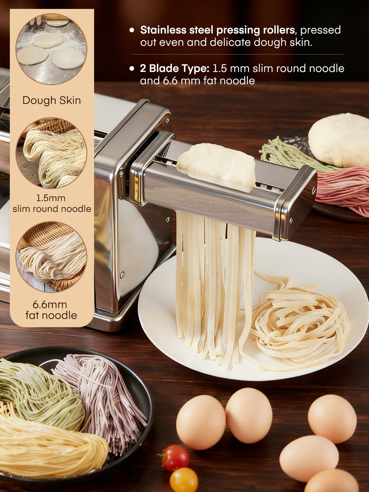 Electric Pasta Maker Machine, Adjustable Thickness Noodle Maker for Spaghetti, Fettuccine, Lasagna & Dumpling Skins | 7-Level Customization, Food-Grade Stainless Steel, Easy Clean