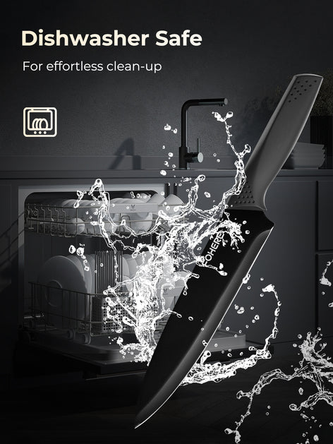 FOHERE Knife Set 8 Pieces Kitchen Knives Set with Block High Carbon Stainless Steel Self-Sharpening Knife Block Set with Built-in Sharpener, Black
