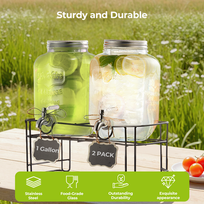 Getränkespender, 2er-Pack 3,8 Liter Getränkespender für Partys, mit auslaufsicherem Edelstahlhahn, Ständer, Infuser, für Weihnachten, Grillen, Picknick, Limonade, Cocktails
