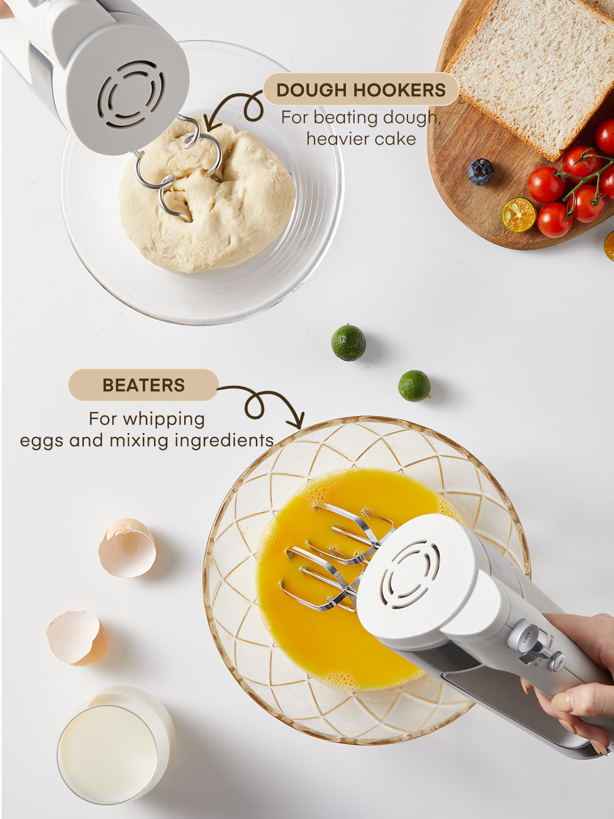 6-Gang-Handmixer mit Turbotaste, Küchenstabmixer zum Aufschlagen von Speisen, Eierschläger inkl. 3 Aufsätzen, Weiß
