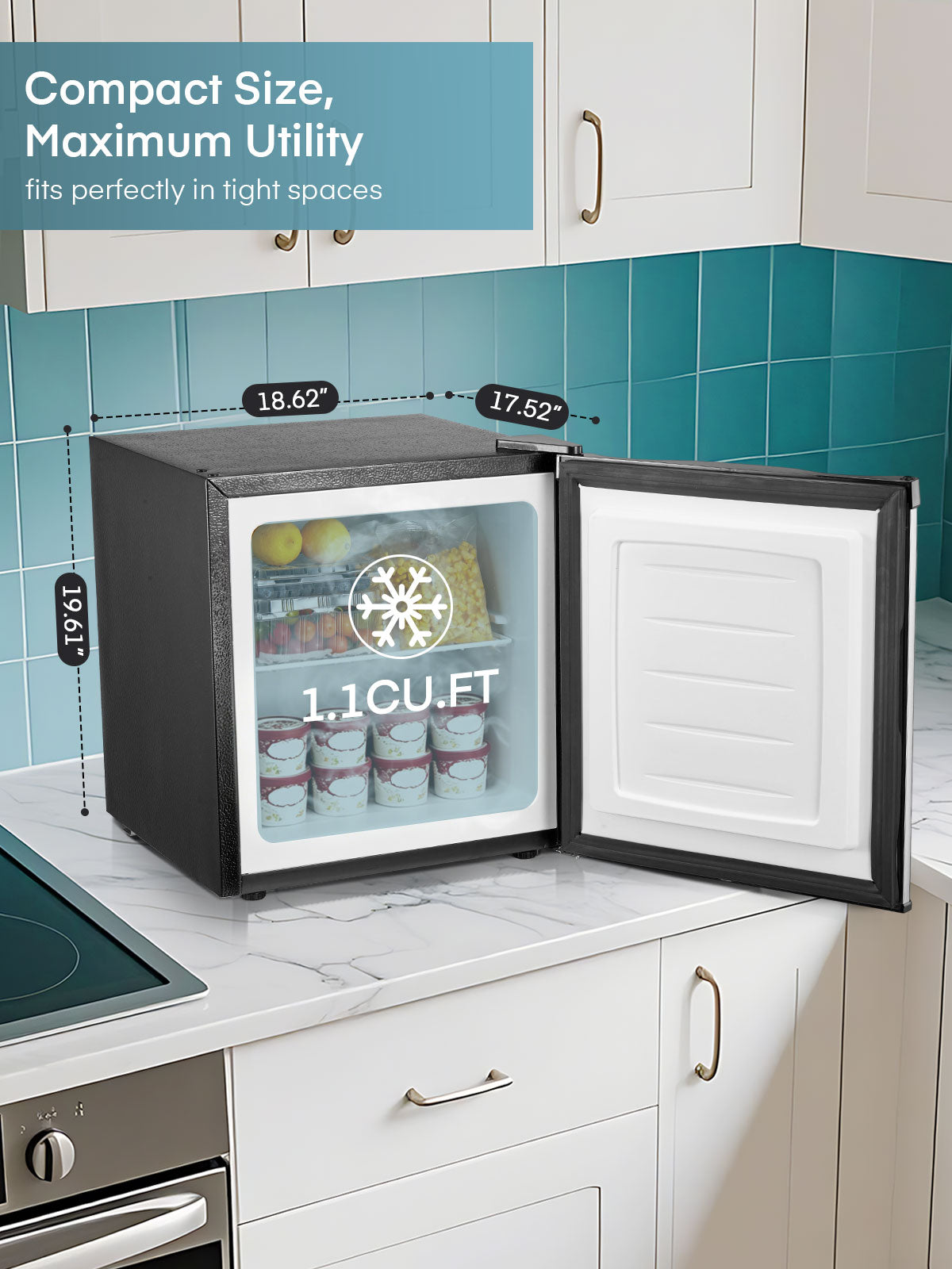1.1 Cu Ft Mini Upright Freezer, Compact Countertop Freezer, 7-Level Thermostat, Quiet Operation, Reversible Door, Stainless steel
