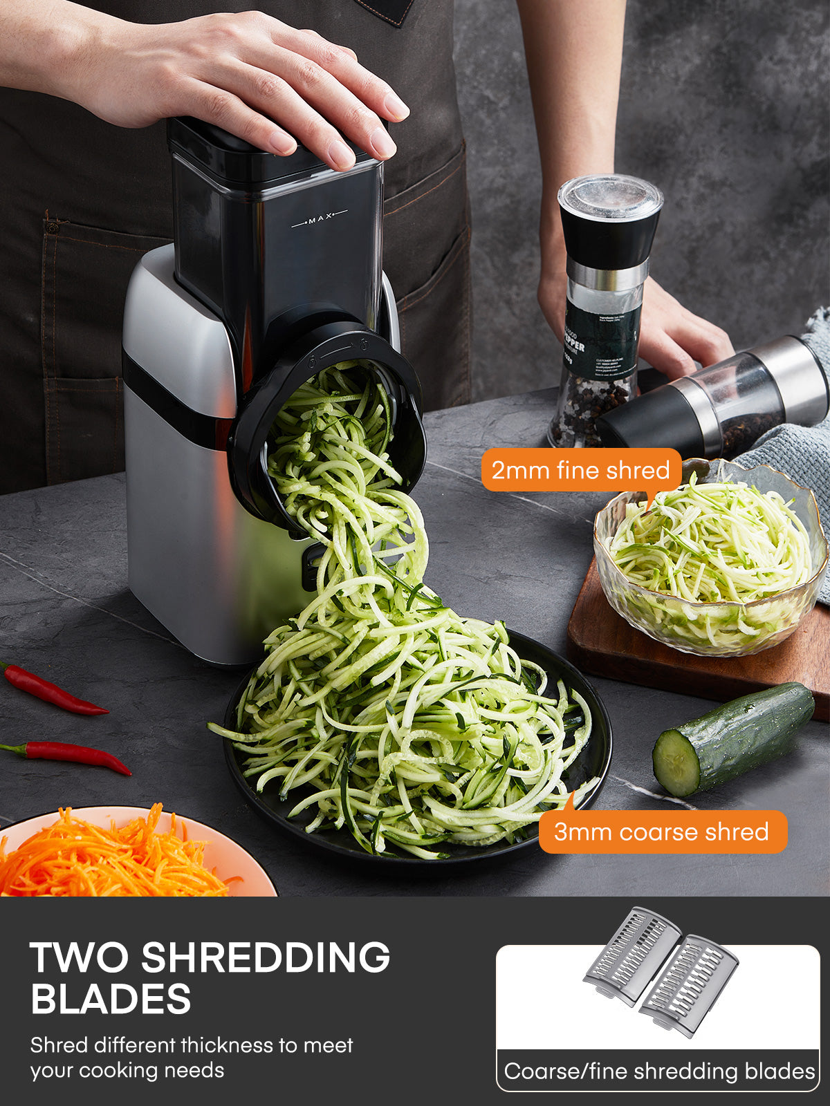 Electric Cheese Grater, 5 in 1 Electric Vegetable Slicer, 5 Free Different Blades with Storage Box for Cheese, Fruits, Vegetables