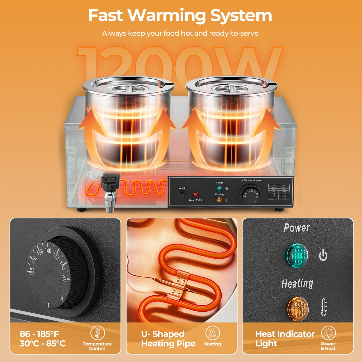FOHERE 15QT Commercial Soup Warmer, Electric Food Warmer with Digital Temperature Control (86-185°F), Anti-Dry Burn and Reset Button, 1200W Stainless Steel Bain Marie Pot for Restaurant, Buffet