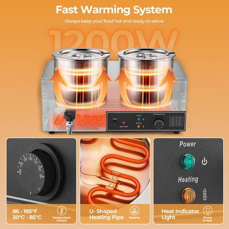 FOHERE 15QT Commercial Soup Warmer, Electric Food Warmer with Digital Temperature Control (86-185°F), Anti-Dry Burn and Reset Button, 1200W Stainless Steel Bain Marie Pot for Restaurant, Buffet