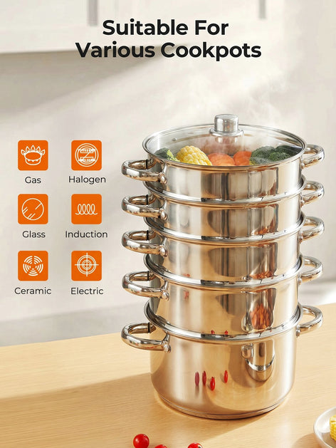 5-Tier Stainless Steel Steamer Pot, 8.5QT Multi-Function Stock Pot with Tempered Glass Lid, Stackable, Compatible with Induction Gas Stove, FOHERE