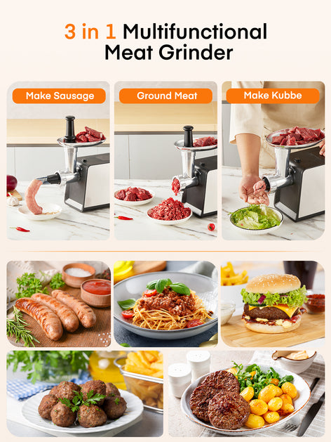 Electric Meat Grinder, 3200W Max Heavy Duty Stainless Steel Meat Mincer with 2 Blades, 3 Grinding Plates, 3 Sausage Stuffer Tubes & Kubbe Kit for Home & Kitchen & Deer Meat Processing Using