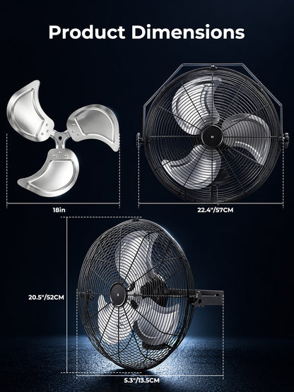 18 Inch Wall Mount Fan, 3-Speed, 360° Tilting Head, Maximum Airflow 4200 CFM, Suitable for Industrial, Commercial, and Residential Use, Black, FOHERE