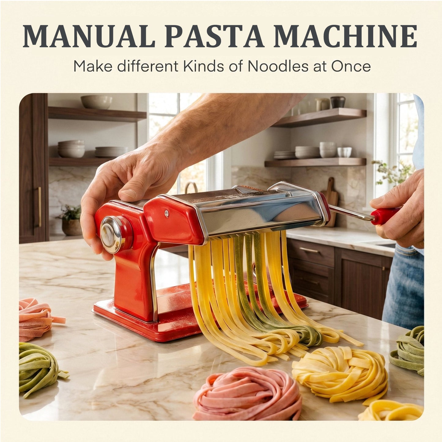 FOHERE Pasta Maker with 7 Adjustable Thickness Settings - 3 in 1 Noodle Maker with Rollers & 2 Width Cutters for Fresh Spaghetti, Fettuccini, Lasagna, Dumplings & More