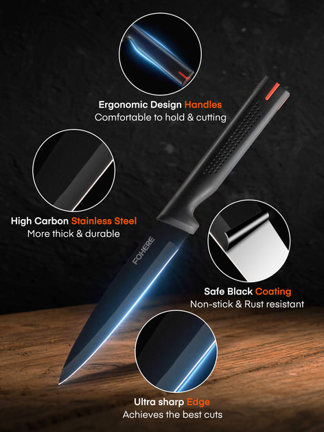 FOHERE 13 Pieces Knife Set with Block, Stainless Steel Knive Sets for Kitchen with Built-in Sharpener Sharp Kitchen Knife Block Set with Anti-slip Handle Rust Resistant, Black