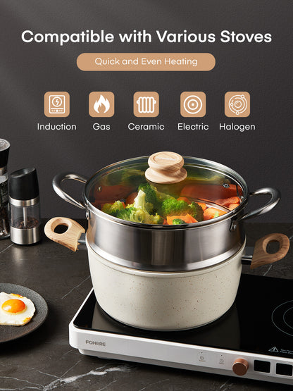 FOHERE Topf- und Pfannenset mit Deckeln 15-teilig, Aluminium Antihaft Induktions-Kochgeschirr-Sets, mit Bratpfannen, Saucenpfannen, Suppentopf, Pizzapfanne, Grillpfanne und Dampfgarer, Silikon-Sieb, Weiß