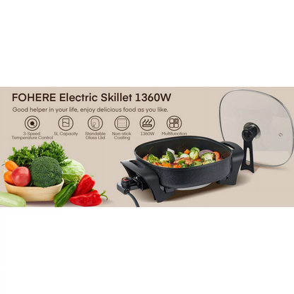 Elektrische Bratpfanne, 12 Zoll tiefe elektrische Antihaft-Bratpfanne mit Glasdeckel, FOHERE Bratpfanne für die Küche, 1360W, Schwarz