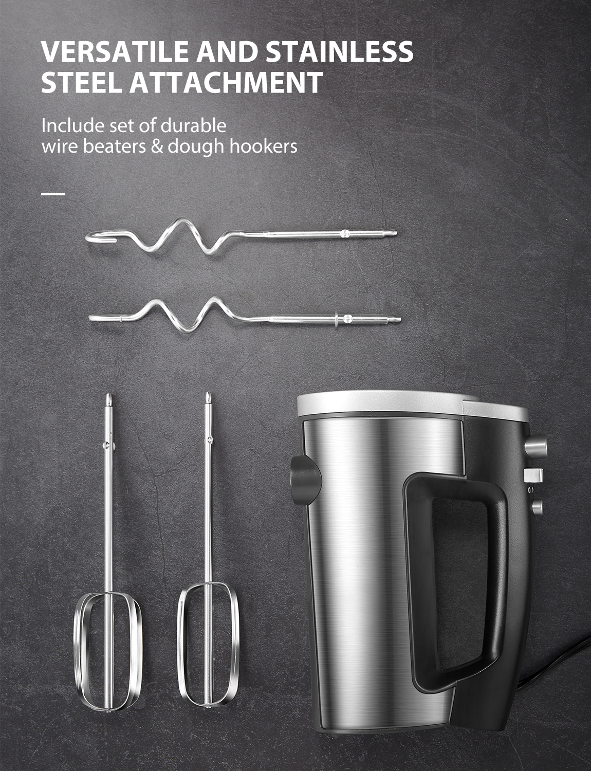 6-Gang-Handmixer mit Turbo-Boost, Küchen-Stabmixer zum Schlagen von Speisen, Eierschläger inklusive 3 Aufsätzen, Silber