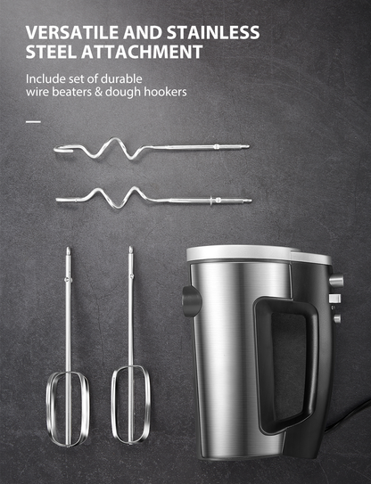 6-Gang-Handmixer mit Turbo-Boost, Küchen-Stabmixer zum Schlagen von Speisen, Eierschläger inklusive 3 Aufsätzen, Silber