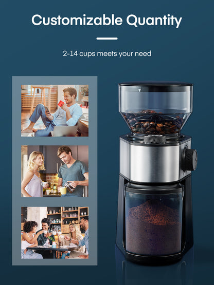 Elektrische Kaffeemühle FOHERE, 200W Upgrade, 18 präzise Mahlgradeinstellungen, 2-14 Tassen einstellbar, Schwarz