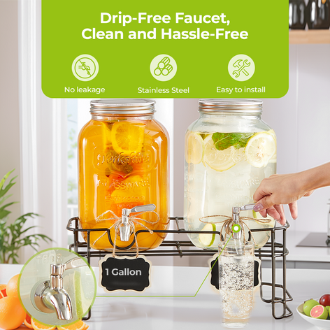 Beverage Dispenser, 2 Pack 1 Gallon Drink Dispensers for Parties, with Leakproof Stainless Steel Spigot, Stand, Infuser, for Christmas, BBQ, Picnic, Lemonade, Cocktails