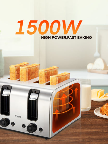 4-Schlitz-Toaster, 1500W Extra breiter Schlitz Toaster, für Bagel, Brot, Waffeln, mit 6 Bräunungsstufen, zwei unabhängige Bedienfelder, Aufwärm-/Auftau-/Stoppfunktionen, Edelstahl Silber