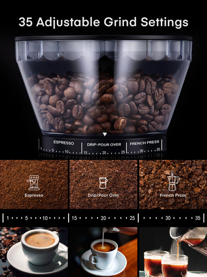 Antistatischer konischer Kaffeemühle FOHERE Verstellbare Gratschleifmaschine mit 35 präzisen Mahlgradeinstellungen, 2-12 Tassen-Timer, für Espresso, Filterkaffee, French Press, Schwarz