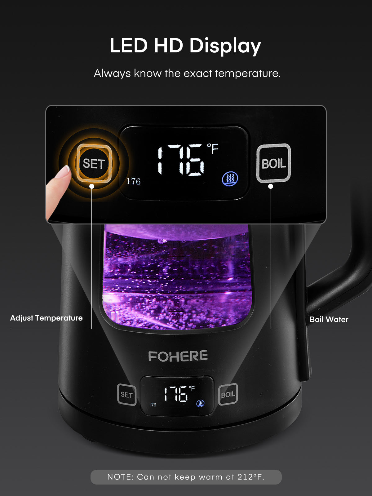 Electric Kettle, 1.7L Tea Kettle, FOHERE Wide Opening Glass Kettle, 1500W Fast Boil, 5 Temperature Control, Auto Shut-Off & Boil-Dry Protection, with 5 Colored Lights, BPA-Free, Easy to Clean, Black