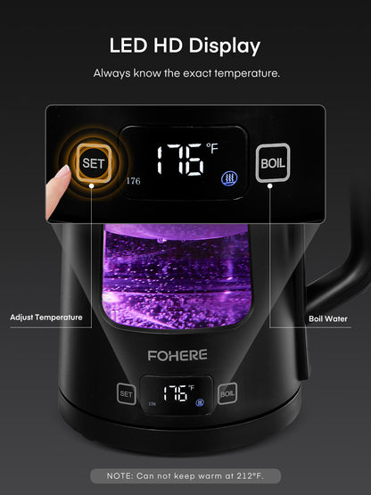 Wasserkocher, 1,7 L Teekessel, FOHERE Glaskessel mit weiter Öffnung, 1500 W schnelles Aufkochen, 5 Temperatureinstellungen, automatische Abschaltung und Trockengehschutz, mit 5 farbigen Lichtern, BPA-frei, leicht zu reinigen, Schwarz