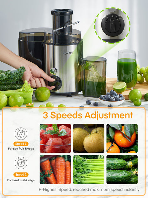 Juicer Machines, FOHERE Centrifugal Juicer with Wide Mouth 3” Feed Chute 600W, for Vegetable and Fruit with 3-Speed Setting, BPA Free, Easy to Clean, Juice Recipe Included
