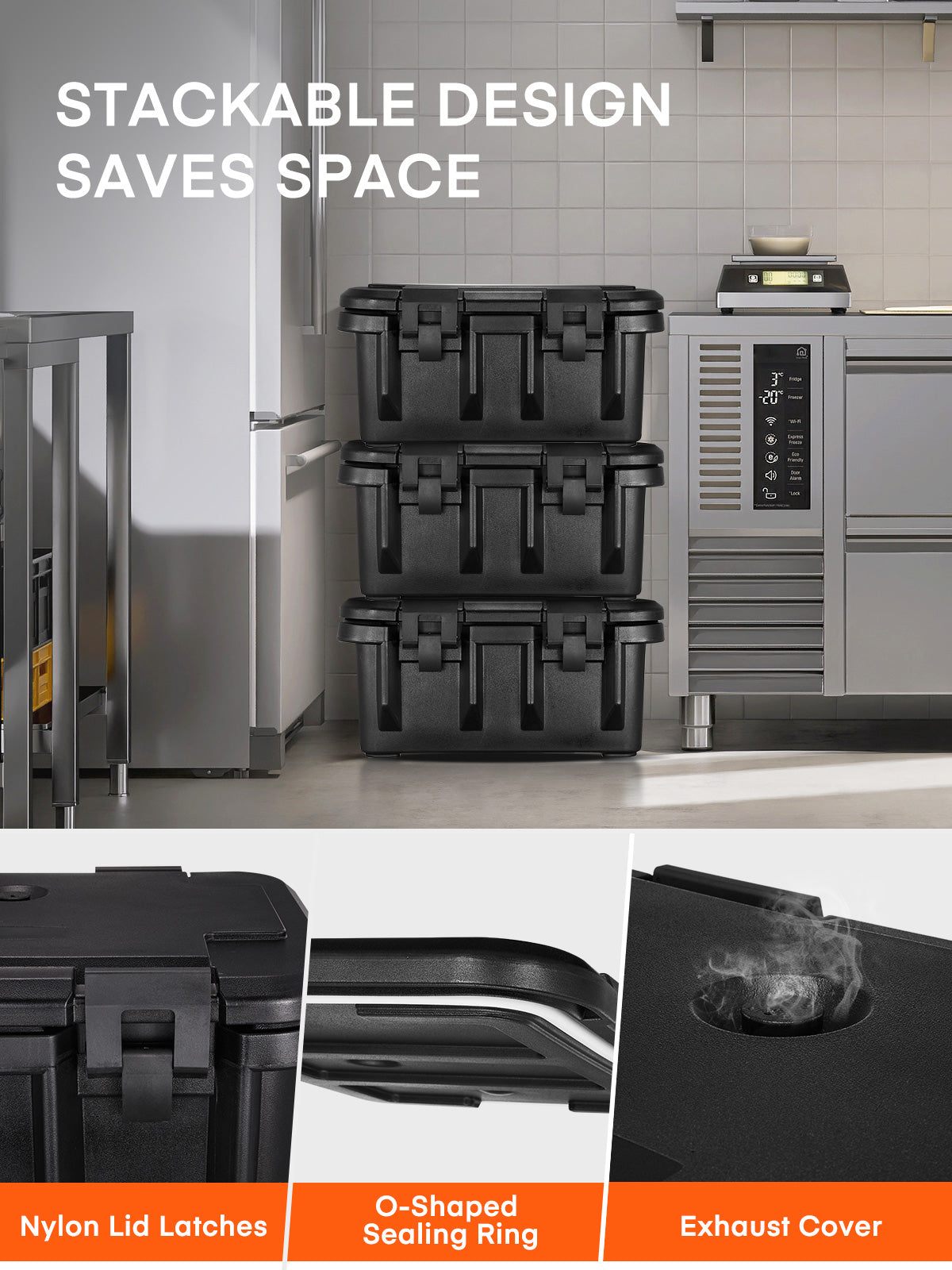 Gastronomie-Speisewärmer, 34 Liter Toplader mit 3 lebensmittelechten Behältern, Verschlussklammern, stapelbares Design, tragbarer Speisewärmer für Party, Buffet, Restaurant